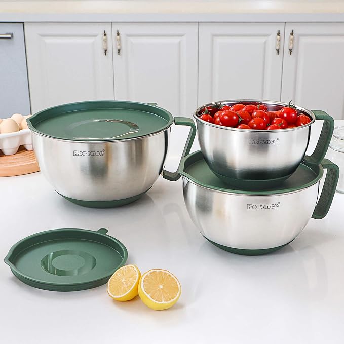 Stainless Steel Mixing Bowls Set with Lids,1.5,3 & 5 Qt,Green | Non-Slip Silicone Base,Precision Pour Spout,Ergonomic Easy-Grip Handle,Measurement Marks,Airtight Lids,Cooking & Meal Prep - Image 7