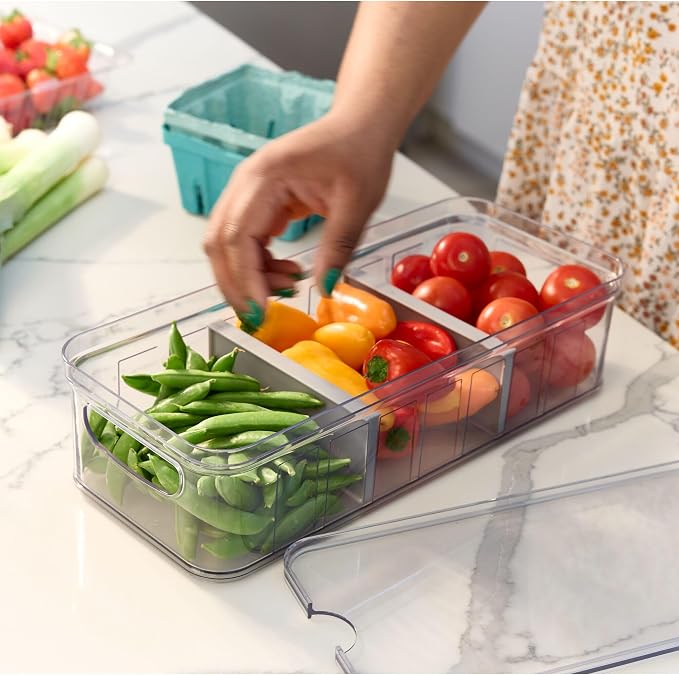 iDesign Large Fridge Organizer Bin with Removable Divider and Lid - Set of 6 - Clear/Gray - Image 8