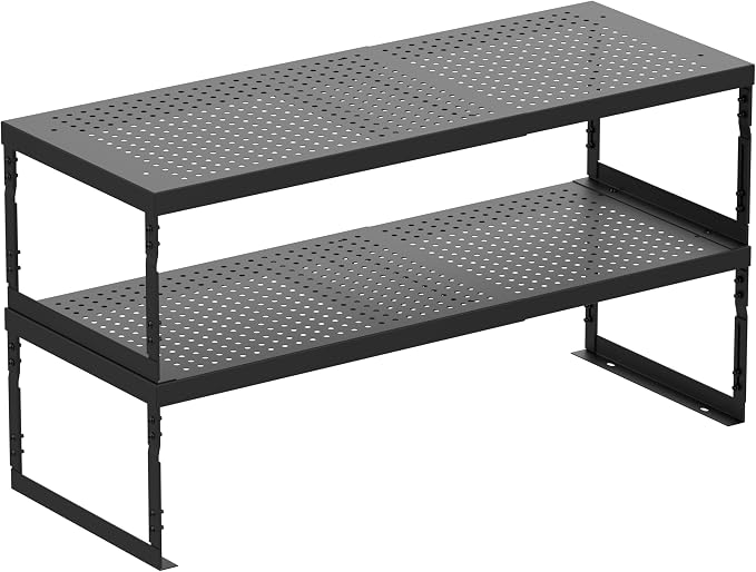 Stackable Expandable Metal Shelf Organizer - Adjustable Wire Storage Rack with Holes for Kitchen, Bathroom, Cabinet, Office - Space Saving, Durable & Sturdy Design(2PACKS/Large/Black - Image 7