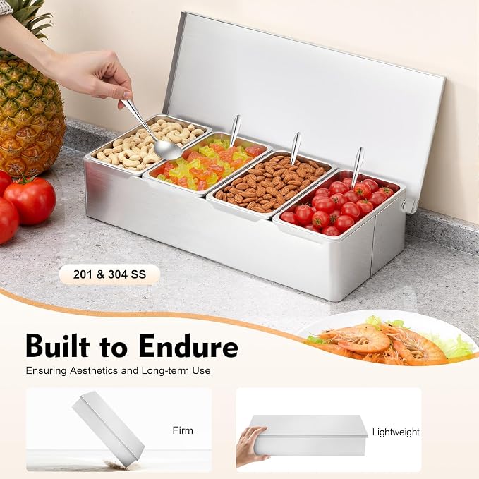 Pizza Topping Station Stainless Steel Spice Organizer Rack Condiment Caddy | Seasoning Container Removable Ingredient Holder, Pizza Oven Accessories with Lid for Grill Table Cart, Kitchen& Buffet - Image 9