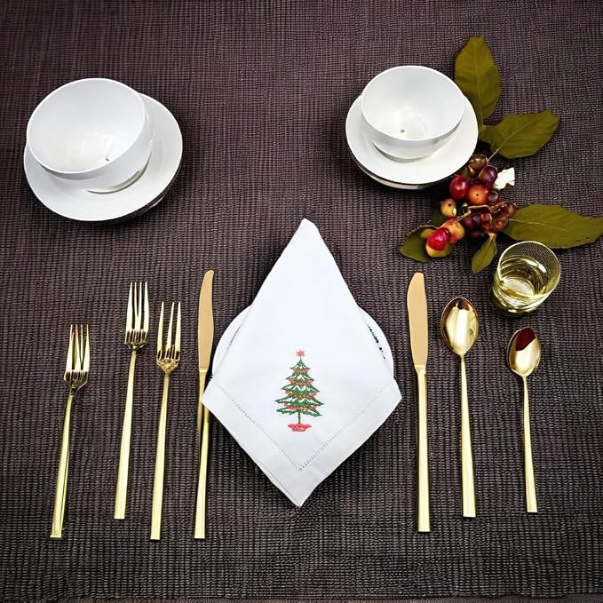 Embroidered Cloth Napkin Christmas Tree Cotton Napkins Set of 6, 20 x 20 Hemstitch Table Napkins, Machine Washable, Daily & Holidays, Great Gift Ideas - Image 9