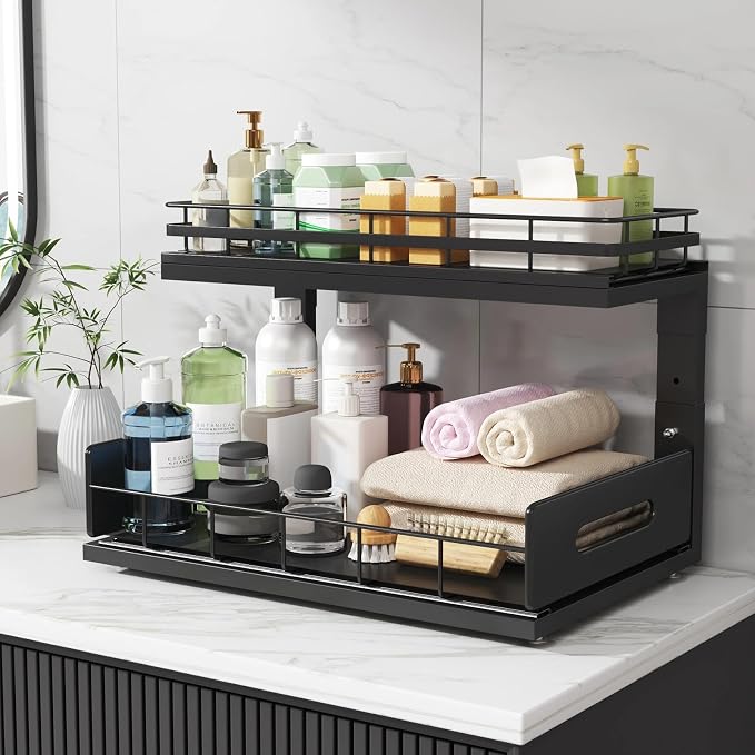 Under Sink Organizer Upgrade To Professional Rails,2-Tier Dual Pull Out Cabinet Storage,Height Adjustable Slide Out Drawers For Bathroom Kitchen,2 Pack-16.7"Dx12.8"-16.9"H,Black - Image 9