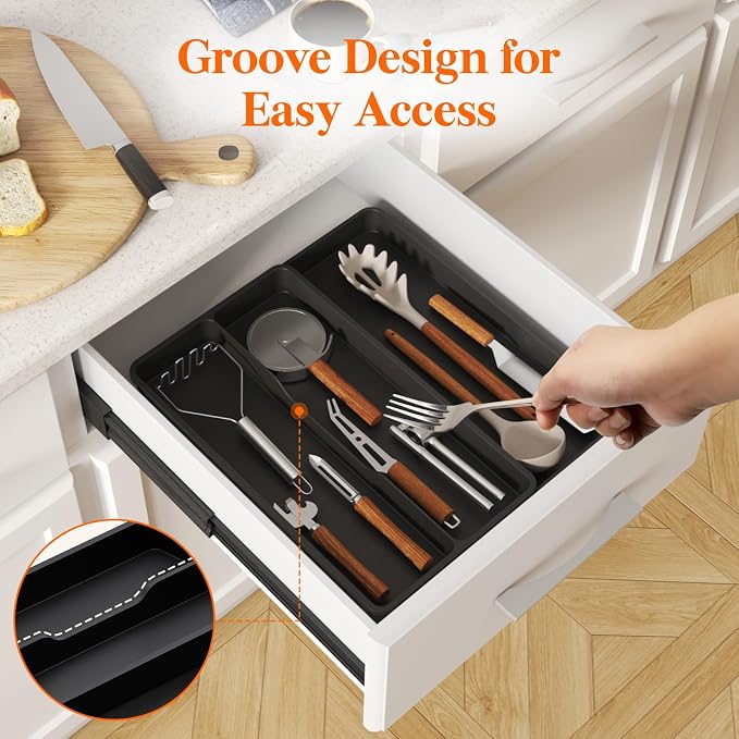 Lifewit Utensil Organizer for Kitchen Drawer, Expandable Cooking Silverware Tray, Adjustable Cutlery Flatware Holder, Plastic Spatula Tools Storage Divider, 14.4 x 15.8", Black - Image 9