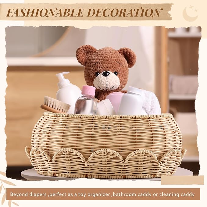 2 Pcs Scalloped Rattan Baskets, Baby Diaper Caddy, Imitation Woven Rattan Wicker Storage Baskets Plastic with Lid for Nursery Storage Organizer Bathroom Decor (Natural,Small,Medium) - Image 6