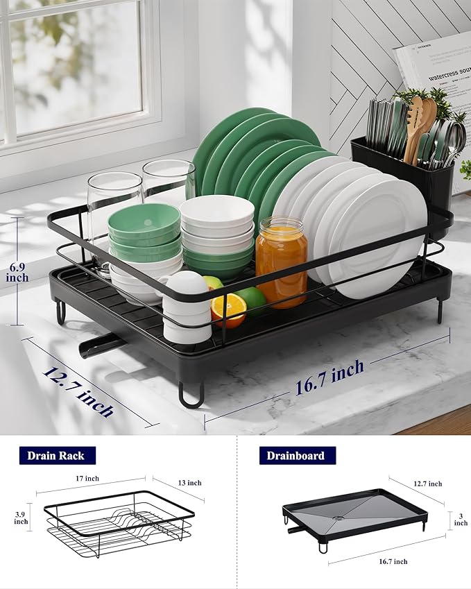 Kitsure Dish Drying Rack for Kitchen Counter, 12.7''W x 16.7''L, Black | Stainless Steel Sink Organization, Cutlery Holder, Home and Appartment Decor - Image 3