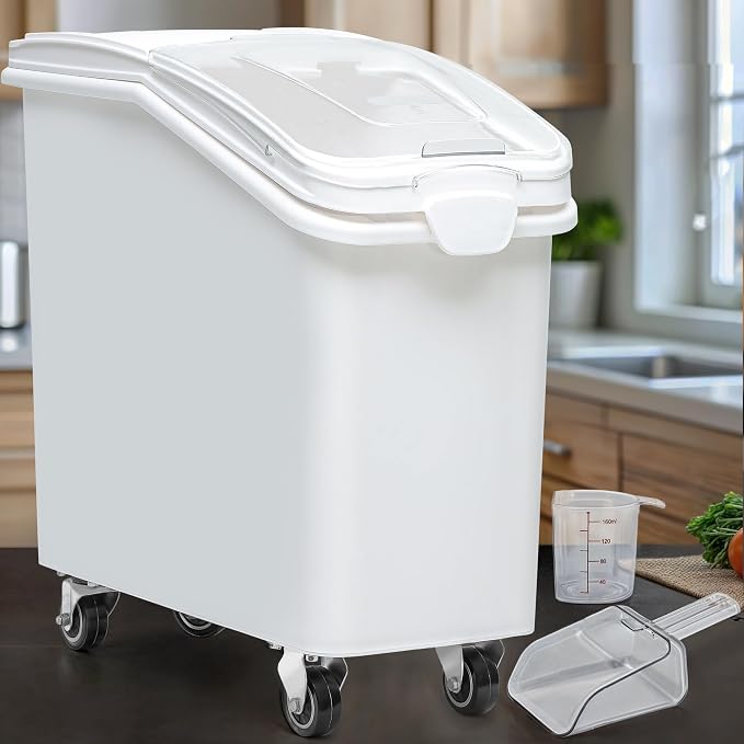 YITAHOME 27 Gallon Ingredient Bin, Commercial Food Container with 625 Cups, Large Flour Storage Container Bin with 360° Wheels, Scoop and Lid for Kitchen, White - Image 8