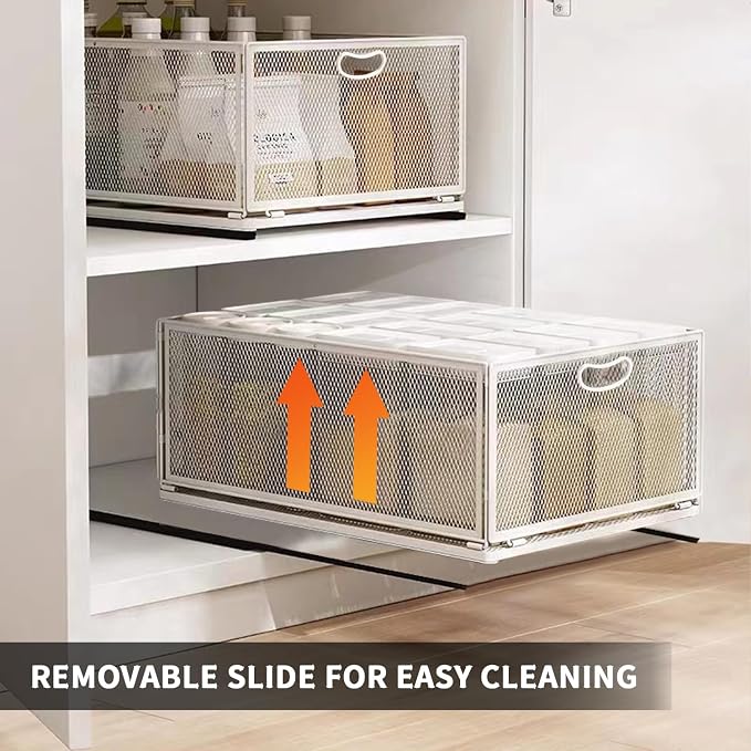 Sliding Cabinet Basket Organizer Drawer Self Adhesive Slide out Pantry Shelves Heavy Duty Carbon Steel Slide Cabinet Storage Basket with Handle for Bathroom Kitchen Home - Image 9