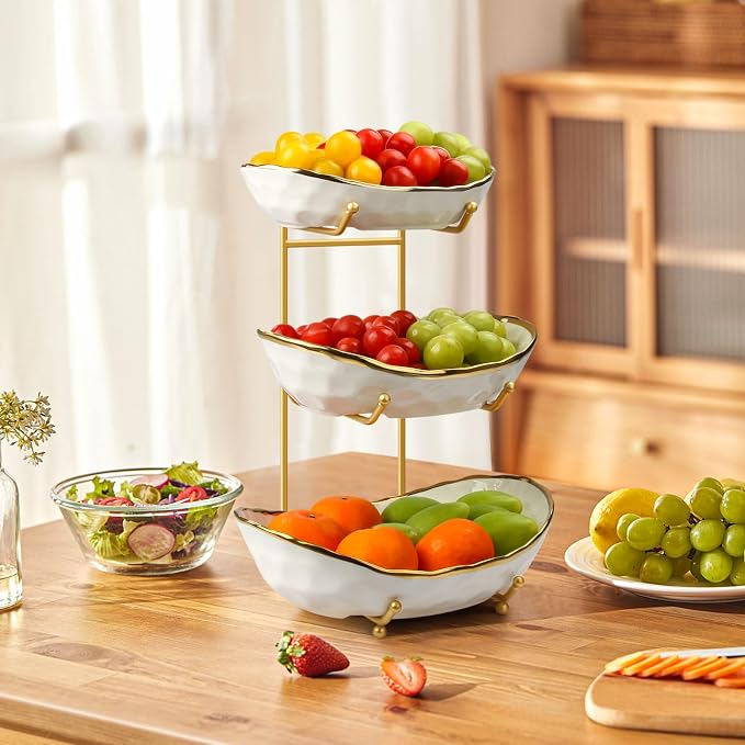 Fruit Bowl with Gold Metal Stand, 3 Tier Modern Ceramic Fruit Bowl Fruit Rack for Kitchen Counter, Tiered Fruit Basket for Snacks Bread Candy Storage (White,3 Tier) - Image 8