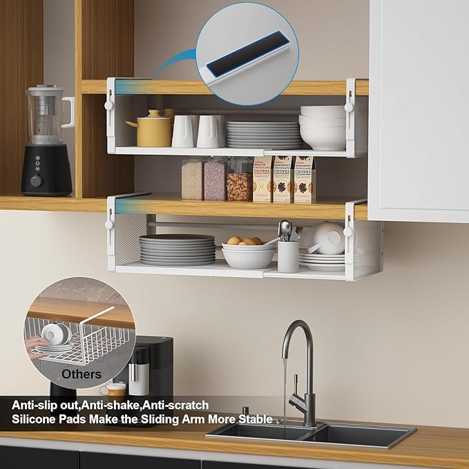AmonHouseware 2Pack Expandable Under Shelf Storage Basket Organizer, White | Adjustable Hanging,Length Stretchable14.9-22.6Inch,Under Cabinet Shelf for Laundry Room Kitchen Pantry Desk Counter Cupboard - Image 6