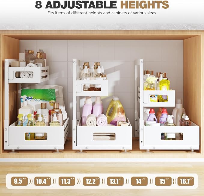 1 Pack Under Sink Organizer,Pull Out Cabinet Organizer With Smooth Cylindrical Rail,Metal Slide Out Drawer for Kitchen Bathroom Laundry Cabinet,8-Level Tool Free Height Adjustable-White - Image 9