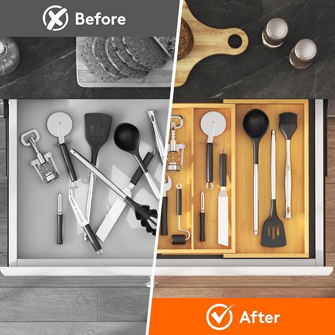 Lifewit Utensil Organizer for Kitchen Drawer, Expandable Cooking Utensil Tray, Cutlery Silverware Flatware Holder, Wood Adjustable Spatula Tools Storage Divider, 8.9-15.8 x 15.75, Natural - Image 8