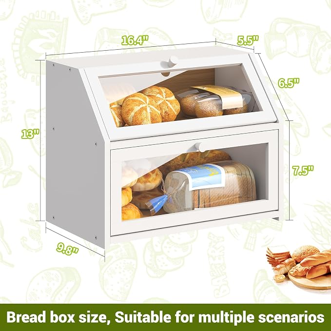 BMOSU Farmhouse Bread Box for Kitchen Countertop Bread box Double Layer Bamboo Wooden Extra Large Capacity Bin Kitchen Food Storage Container(White) - Image 7
