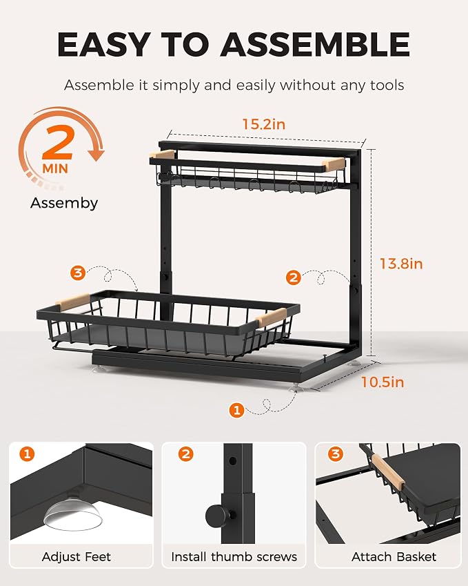 2-Pack 2-Tier Height Adjustable Under Sink Organizer & Storage | Multi-purpose storage for kitchen & bathroom cabinet. Extra Large black shelf, height adjustable design for space-saving. - Image 9