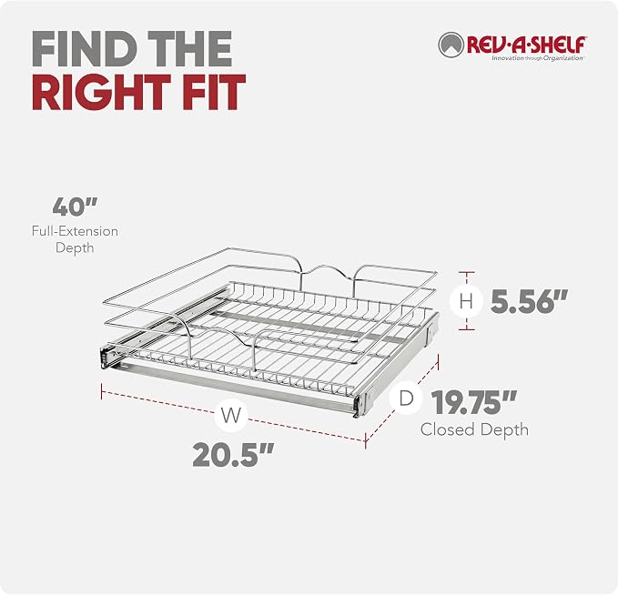 Rev-A-Shelf Steel Wire Pullout Drawer Organizer Shelf for Kitchen Cabinets, Slide Out Storage Basket, Min Opening Width of 20.5", 21" x 20", 5WB1-2120CR-1 - Image 9