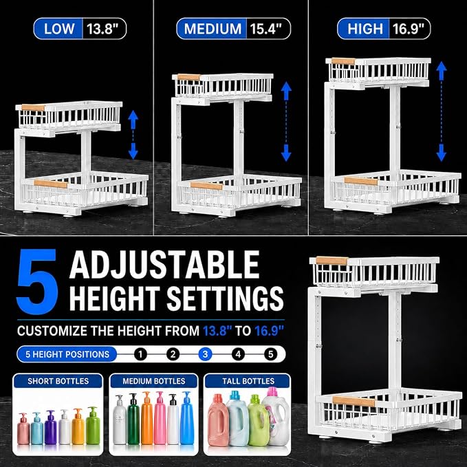 Under Sink Organizer 2 Pack, Double Slide Out Metal Shelf, White | Pull Out Kitchen Storage Cabinet Organizer, 2-Tier Under Sink Storage Rack for Bathroom Laundry Kitchen Storage with Drawer - Image 9