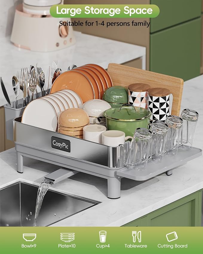 Dish Racks, Thicker Premium 304 Stainless Steel Dish Drying Rack for Kitchen Counter, Automatic Drainage Spout, Dish Drainer & Drainboard Set with Utensil Holder and Cup Holder, Grey - Image 8