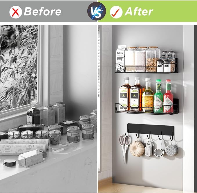 Magnetic Spice Rack for Refrigerator, 3 Pack Metal Magnet Spice Organizer Shelf with Hook Rack, Magnetic Fridge Shelves for Kitchen Organization and Storage, Seasoning Organizer Gadgets (Black) - Image 7
