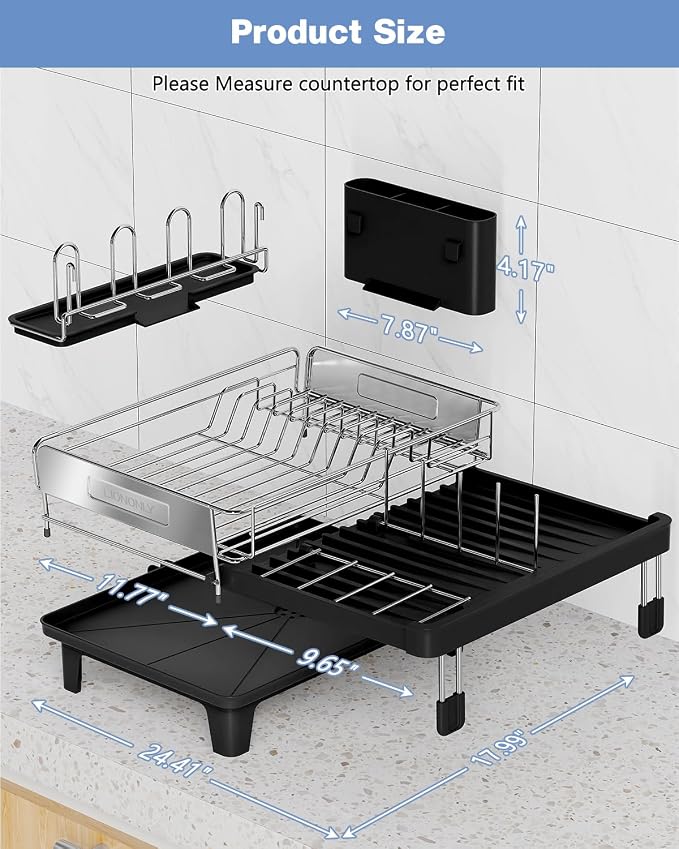 Expandable Dish Drying Rack for Kitchen Counter, 304 Stainless Steel, Flip-Top Retractable Plate, Multi-Directional Adjustable, Space-Saving Large Drying Rack, Black - Image 7
