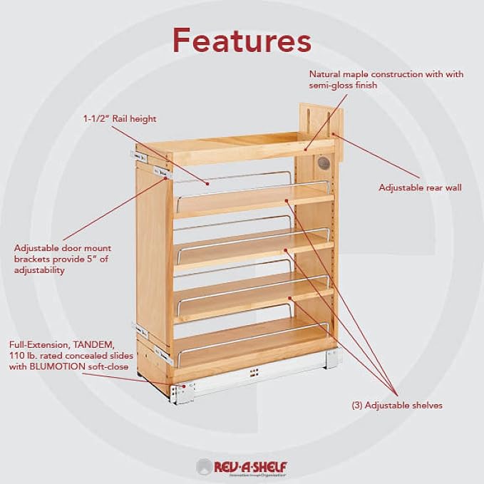 Rev-A-Shelf Maple Pullout Organizer w/Blum Soft-Close for Base Cabinets, Full Extension Slides & Adjustable Shelves, Min Opening Width of 8.5", 448-BCSC-8C - Image 10