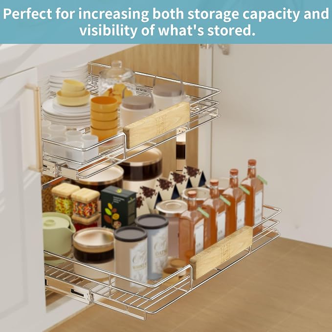 LOVMOR 2 Tier Pull Out Cabinet Organizer 28½" W x 21½" D, Slide Out Drawers with Wooden Handle, Sliding Shelves Organization and Storage for Kitchen, Pantry - Image 6