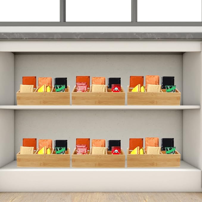 Maitys 4 Pcs Bamboo Divided Storage Organizer Bamboo Container with 6 Compartments Food Storage Bin Wooden Tea Drawer Box Bin Holder Case for Snacks Tea Bags Coffee Sugar - Image 7