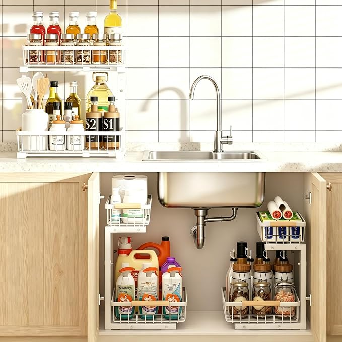 Under Sink Organizer, White 2 Pack Height Adjustable | 2 Tier Pull Out Drawer, Under Sink Organizers and Storage, Cabinet Storage for Kitchen Bathroom - Image 8