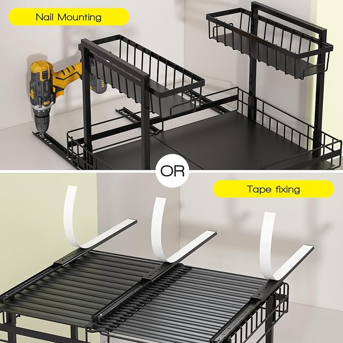 NADAMOO Expandable Under Sink Organizer, 2-Tier Pull Out Cabinet Organizer | Expandable Width, 3-Level Height Adjustment, Metal Storage Rack with 3 Slide Rails for Kitchen Bathroom Laundry, Black - Image 6