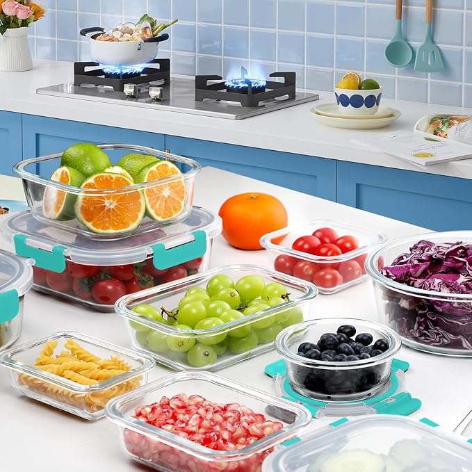 VERONES 30 Pieces Glass Food Storage Containers Set with Lids, Green | Stackable Glass Meal Prep Containers Set with Lids, Airtight Lunch Containers, for Microwave, Oven, Freezer & Dishwasher - Image 7