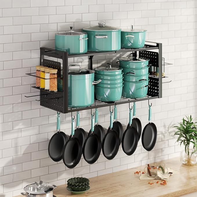 31" Wall Mounted 2-Tier Pot Rack, Kitchen Cookware Spice Utensil Organizer | With 20 hooks, pan organizer and spice rack. Solid frame neatly holds cookware, stock pots, pans and kitchen utensils. - Image 7