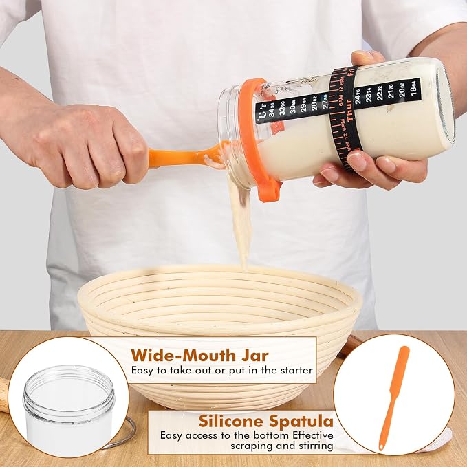 Sourdough Bread Baking Supplies, Sourdough Starter Kit, 2 9 Inch Round Banneton Bread Proofing Basket with 24 Oz Glass Jar, Sour Dough Tools with Danish Dough Whisk & Scraper - Image 9