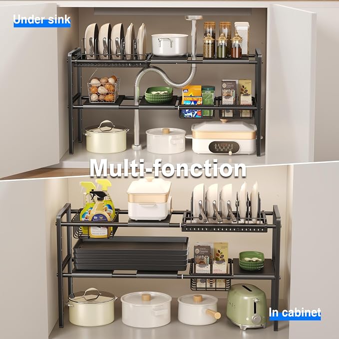 Mustorn Pots and Pans Organizer Under Cabinet, Expandable 2 Tier Under Sink Organizers Storage Adjustable Height Kitchen Pot and Pan Lid Holder Rack with 6 Dividers(4panels,2baskets,1 Pot rack,Black) - Image 7