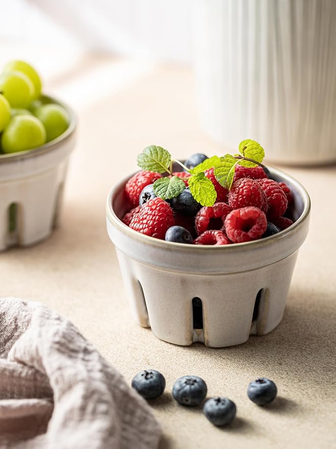 Gomakren Ceramic Berry Bowl Set of 2, Small Fruit Basket Colanders, White | Drain Holes Keep Berries Fresh, Stackable, Wash & Serve, Round Strawberry Basket for Fridge Kitchen Counter, Lovely Home Gift - Image 9