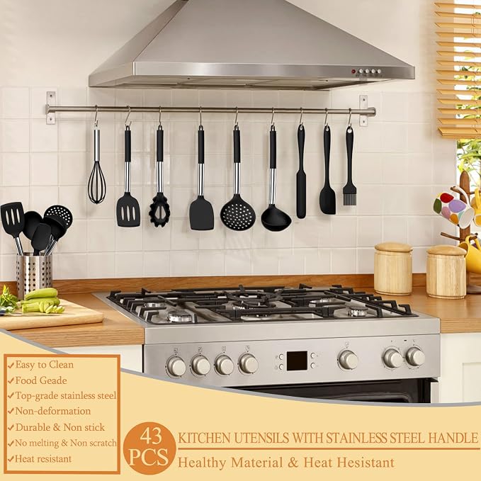 Silicone Cooking Kitchen Utensil Set, Umite Chef 43 PCS Heat Resistant Kitchen Utensils Gadget Set-Stainless Steel Handle- Kitchen Spatula Tools for Nonstick Cookware, Kitchen Accessories(Black) - Image 7