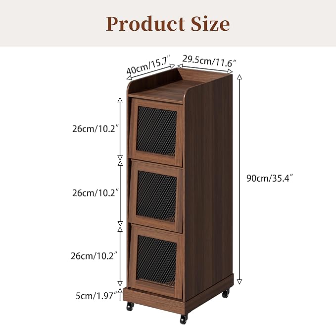 4 Tier Narrow Potato Storage Bin, Tall Wood Potato and Onion Storage Bin with Wheel, Movable Fruit and Vegetable Basket, Food Small Kitchen Pantry Cabinet, Wooden Bread Box, Walnut, Sliding Door - Image 7