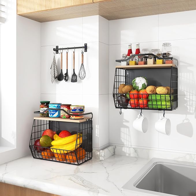 Wawocs Magnetic Shelf for Fridge with Wood Lid, 2 Tier Fruit Baskets Wall Mounted Hanging Basket with 4 Hanger Hooks, Potato and Onion Magnetic Storage Bins for Kitchen Counter, Refrigerator, Cabinet - Image 8