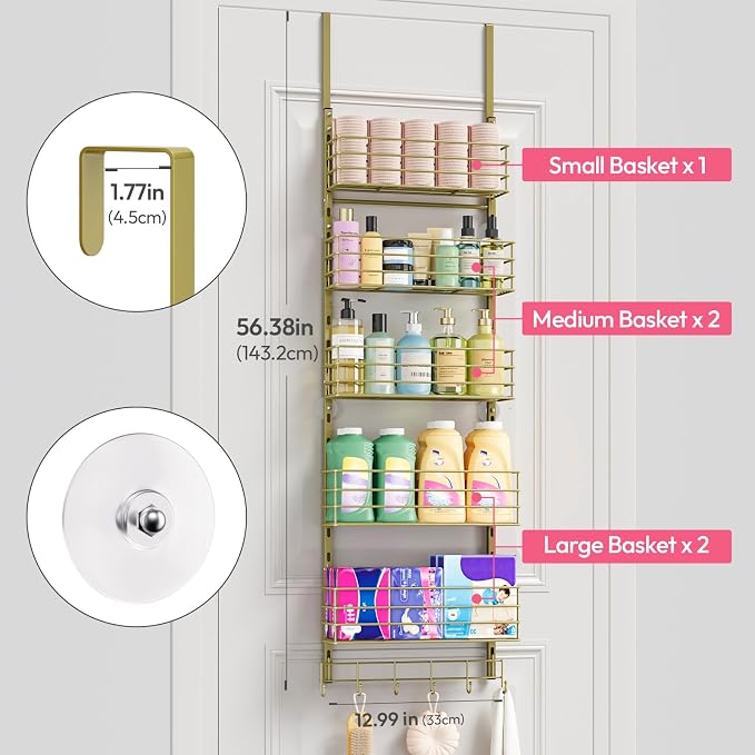 SWTYMIKI Over The Door Organizer - Door Organizer Hanging with 5 Adjustable Metal Large Capacity Basket and 6 Coat Hook, Wall Mounted Shelf for Bedroom Closet Bathroom Laundry Pantry Cabinet Kitchen - Image 9