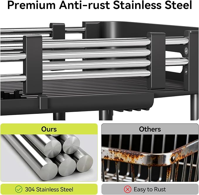 Urackify Extendable Stainless Dish Drying Rack for Kitchen Counter, Black | 13.78"W x 18.7"L, Foldable Drainboard for Space Saving, Knife and Utensil Holder, Fast-draining Spout - Image 8