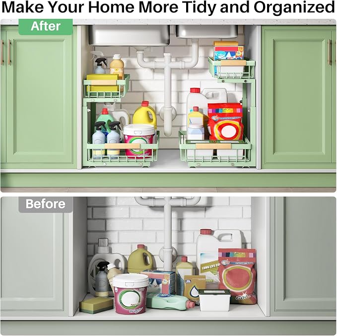 Kitstorack Under Sink Organizer, 2 Tier Under the Sink Storage, Slide out Pull out Cabinet Organizer Shelf, Metal Sliding Drawer for Kitchen Bathroom Pantry Closet Organization Rack, Green, 1 Pack - Image 8
