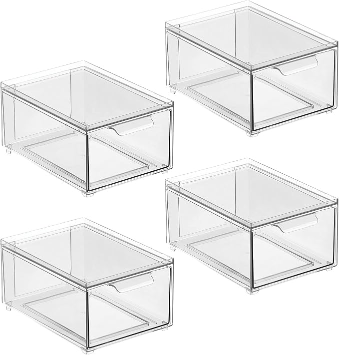 mDesign Plastic Bathroom Organizer Bin w/Pull Out Drawer - Slim Stackable Storage Container for Bathroom Accessories - Perfect for Organizing Bathroom Cabinet - Lumiere Collection - 4 Pack - Clear - Image 6