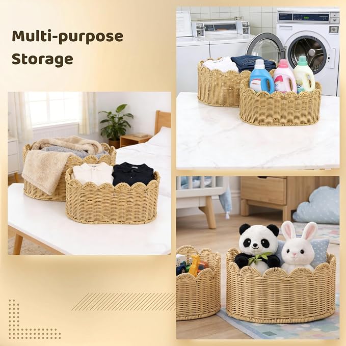 Scalloped Basket Set of 2, Woven Imitation Rattan Storage Baskets, Large & Small Organizer Bins with Scalloped Edges, Rectangular Open Top Containers for Clothes, Toys, Snacks - Image 5