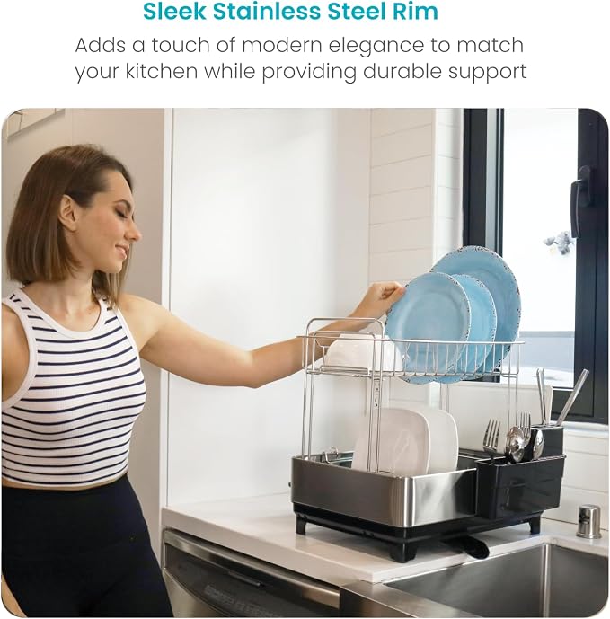 Home Zone Living Dish Drying Rack for Kitchen Counter with 2-Tiers | Stainless Steel with Drip Tray, Extendable Water Drainage Pipe, and Holders for Utensils, Wine Glasses and Cutting Board - Image 7