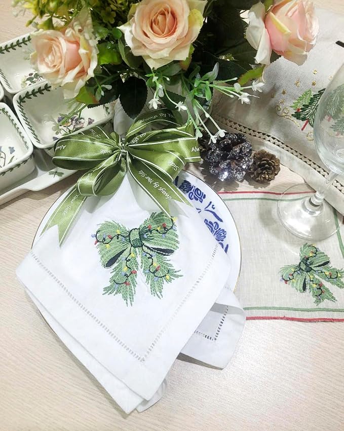 Embroidered Cloth Napkin Green Bow Christmas Cotton Napkins Set of 6, 20 x 20 Hemstitch Table Napkins, Machine Washable, for Daily & Holiday Dining, Great Gift Ideas - Image 8