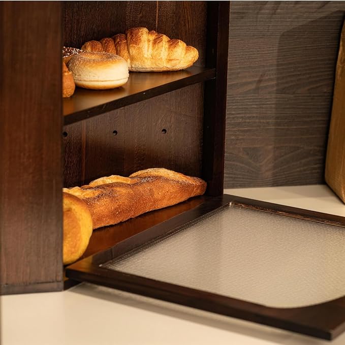 Corner Bread Box for Kitchen Countertop, Solid Wood, Walnut | 2-Tier Large Capacity, Wooden Bread Box, Vintage Farmhouse Breadbox, Pine Wood, Bread Storage Container, Adjustable Shelf - Image 9