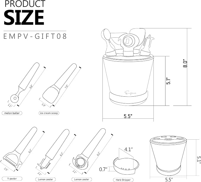Empava Kitchen Utensils Tools Set With Handle, Crock Sets With 5 Pcs Kitchen Utensil With Herb Cutter,Melon Baller, Ice Cream Scoop, Y-Peeler, Lemon Zester, Bottle Opener EMPV-GIFT08 - Image 5
