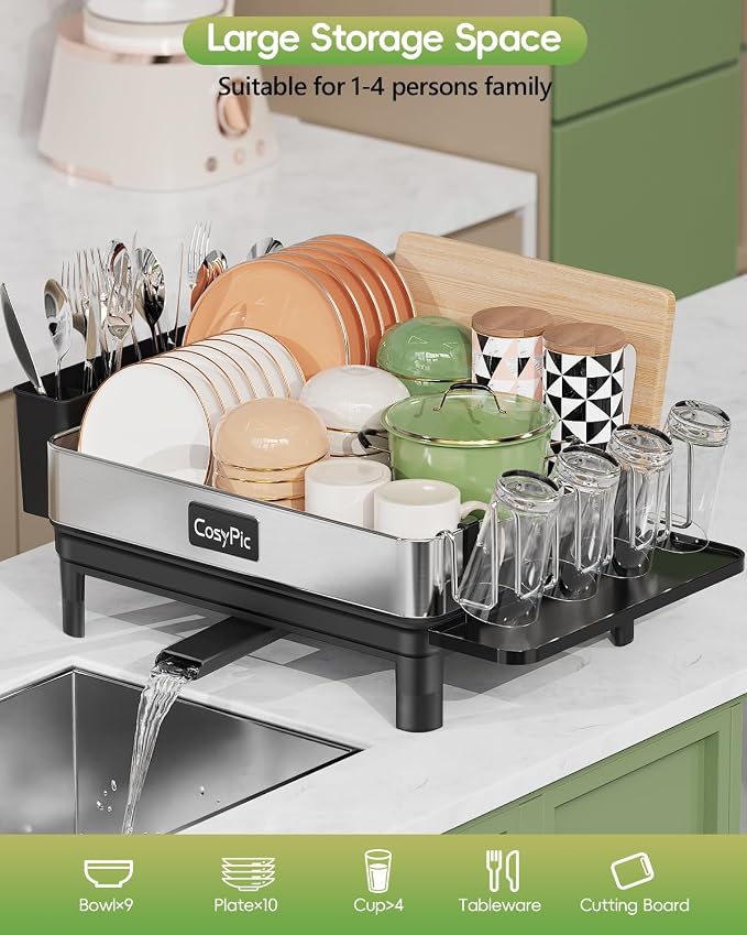 Dish Racks, Thicker Premium 304 Stainless Steel Dish Drying Rack for Kitchen Counter, Automatic Drainage Spout, Dish Drainer & Drainboard Set with Utensil Holder and Cup Holder, Black - Image 8