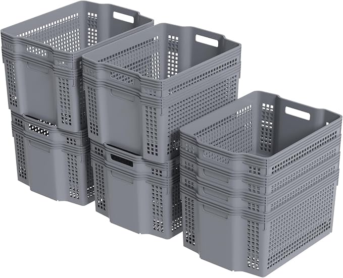 12-Pack Plastic Weave Storage Baskets, Large Stackable Bins | Grey Pantry Organizer Baskets for Kitchen Cabinets, Bathroom, Bedroom; Durable, Ventilated, Easy-Grab Design - Image 7
