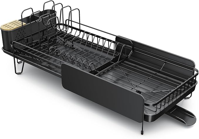 Large Expandable Dish Drying Rack for Kitchen Counter, 19.3-29.4 in, Black | Family Size Capacity, Adjustable Dividers for Pan, Lid & Cutting Board, Stainless Steel, Rotating Spout, Utensil Holder - Image 9