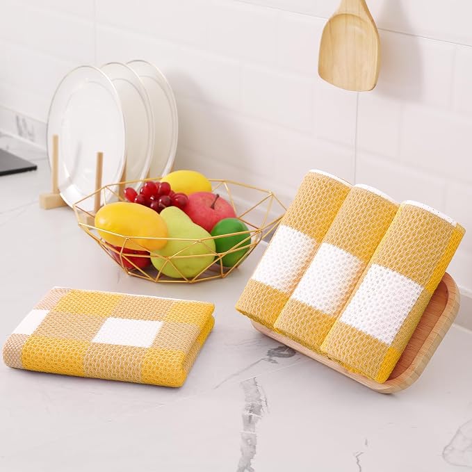 Homaxy Kitchen Towels and Dishcloths Set, Set of 16, White & Golden Yellow | Bulk Cotton Waffle Weave Check Plaid Kitchen Towels, Super Soft and Absorbent Dish Cloths, 12 x 12 and 13 x 28 Inches - Image 8