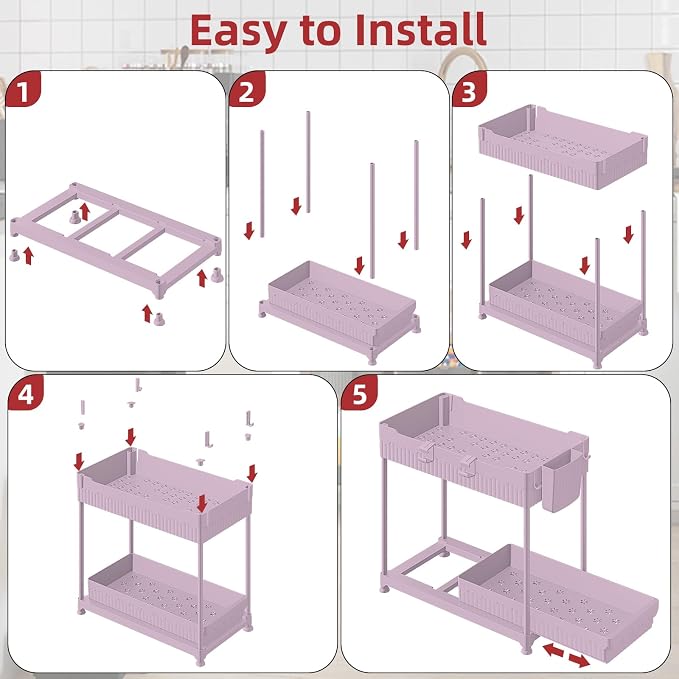 4-Pack 2-Tier Under Sink Organizer with Pull Out Drawers | Multi-use kitchen & bathroom storage. Includes hanging hooks and cups. Pink, space-saving cabinet design. 14.8 Inch - Image 9