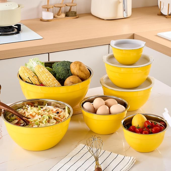 Yellow Mixing Bowls with Airtight Lids, Stainless Steel Nesting Mixing Bowls Set of 7, Ideal for Baking, Prepping and Serving Food, Size 7, 3.6, 2.7, 2.1, 1.5, 1.1,0.8 QT, Stackable Design - Image 9